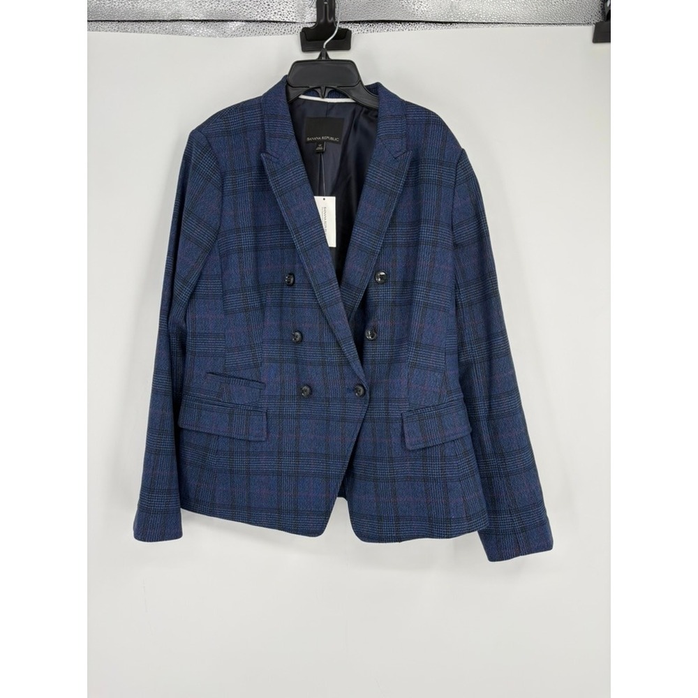 Banana Republic Blazer Women 12 Blue Plaid Double Breasted Wool Blend Career